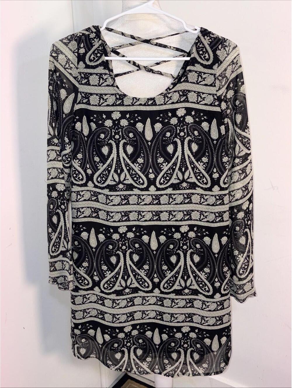 Charming Charlie Shift Dress Paisley Blk Sheer Lined Bell Sleeves Crossover Back